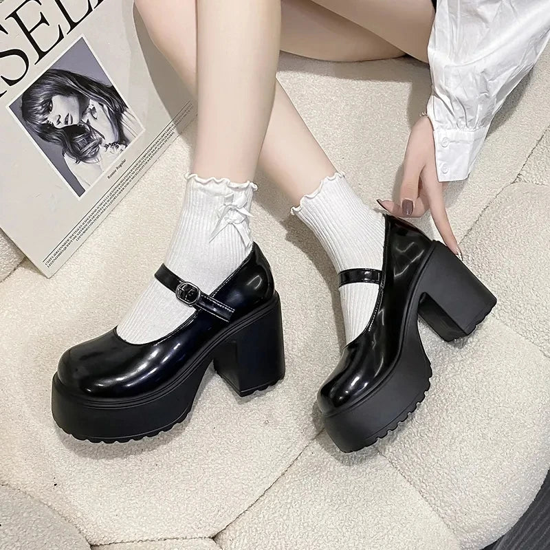 Black Super High Heels Mary Jane Shoes Women 2026 Goth Chunky Platform Pumps Woman Plus Size Ankle Buckle Party Lolita Shoes 42 Pi-Mart