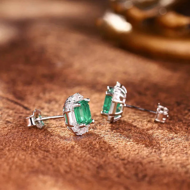 European and American Square Green Zircon Earrings, French Romantic Women's Inlaid Zircon Banquet Design, Shiny Jewelry Pi-Mart