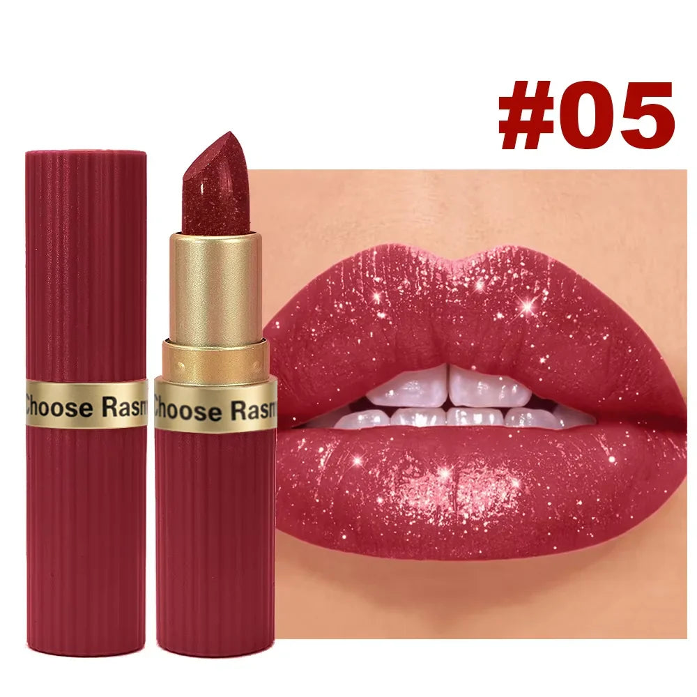 Pearlescent Pink Glitter Velvet Lipstick Metallic Waterproof Long Lasting Matte Shimmer Diamond Lipstick Women Makeup Cosmetic LadyShow.Store