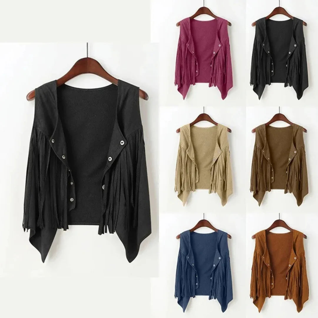 Women Faux Suede Ethnic Sleeveless For Jacket Rivet Fringe Tassels Hippie Open Front Cardigan Vintage Cowgirl Waistcoat Vest LadyShow.Store