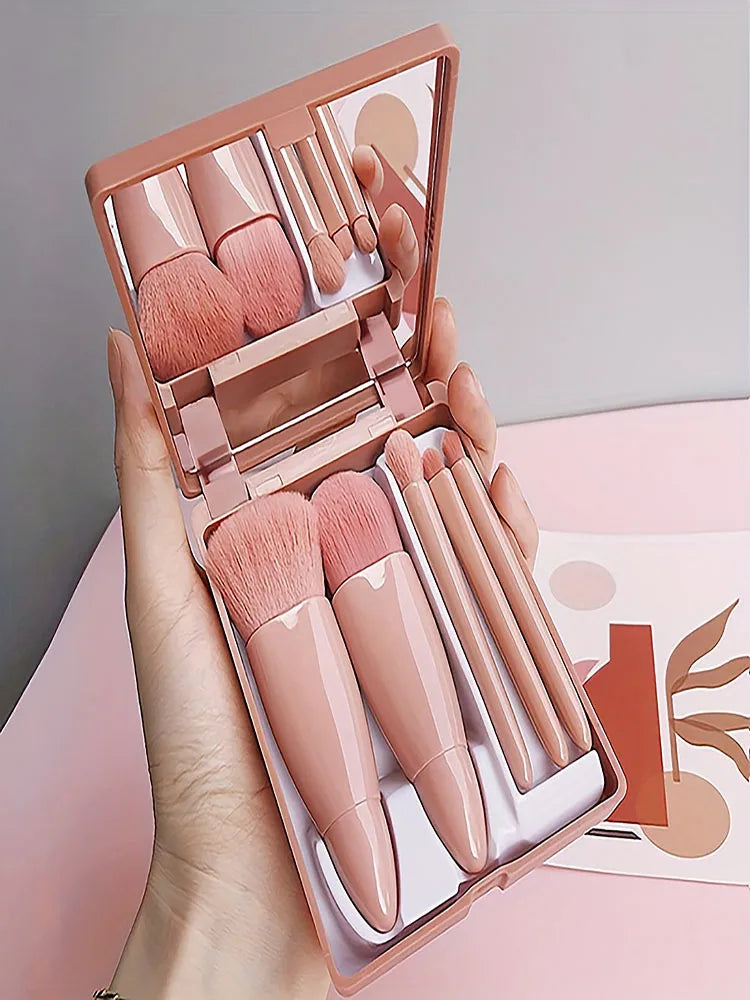 5Pcs Portable Makeup Brush Set With Mirror -  Foldable Travel Kit ，Mini Makeup Brush Set Travel Makeup Brush Set LadyShow.Store