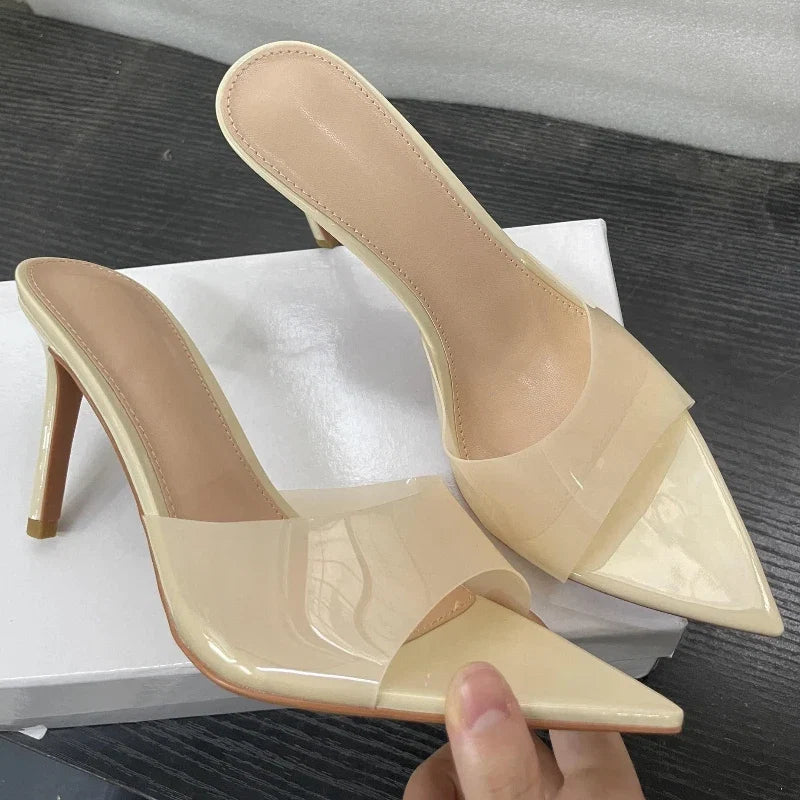 New Summer Women's High-heeled Sandals Simple Transparent High-heeled Slippers Stiletto Pointed Open-toed Slippers Mules LadyShow.Store
