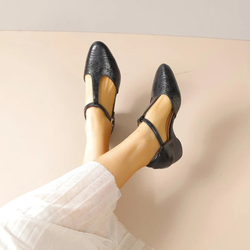 Women's Plus Size Retro Cutout Wedge Loafers, Adjustable T-Strap Breathable Pumps for Summer Daily & Commute Pi-Mart