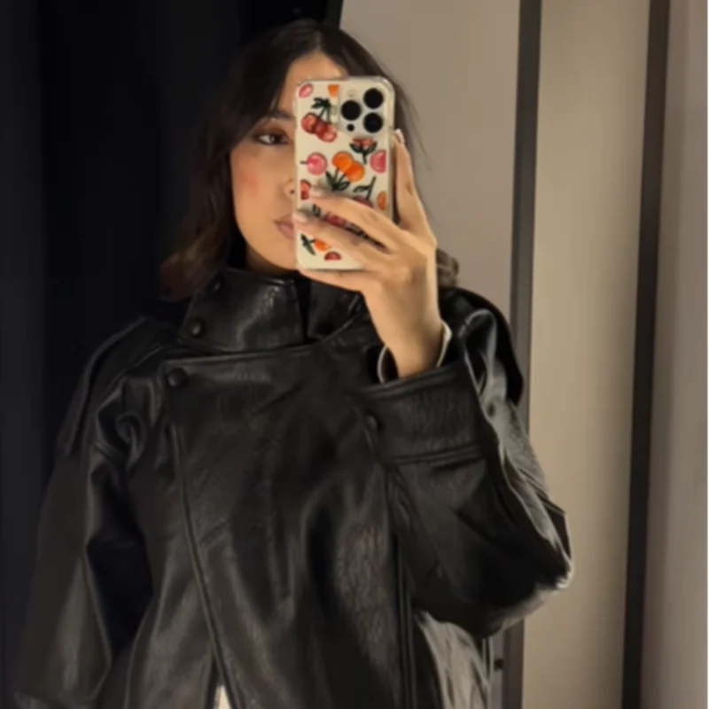Women's Autumn Fashion Standing Collar Leather Jackets Windproof Loose Fold Coats Vintage Style High Street Outdoors Clothes LadyShow.Store