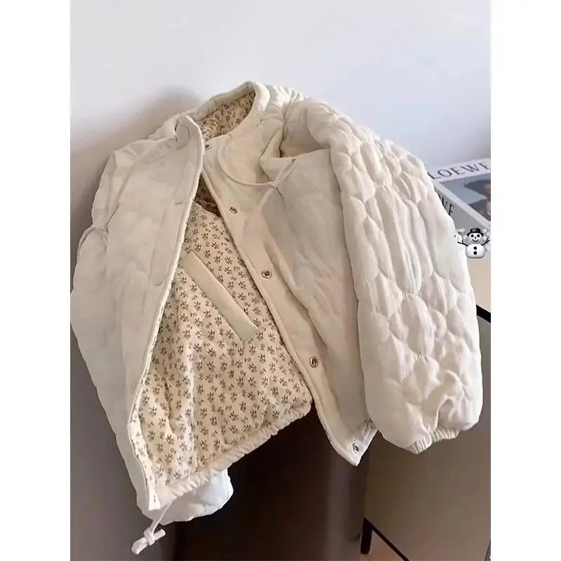 Chic Floral Corduroy Jacket for Women - Korean Loose Fit Round Neck Long Sleeve Cotton Top, Warm Versatile Autumn Winter Shacket Pi-Mart