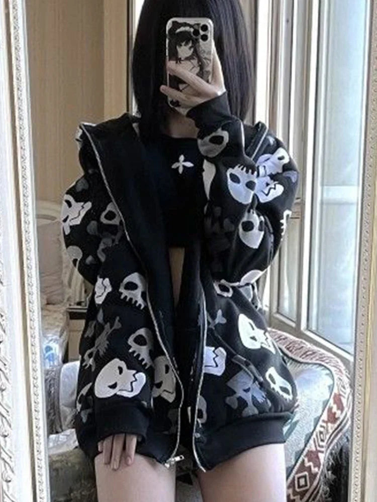 AltGoth Cyberpunk Y2k Sweatshirt Women Mall Goth Harajuku Skull Printed Long Sleeve Zipper Cardigan Hoodie Emo Alt Indie Clothes LadyShow.Store