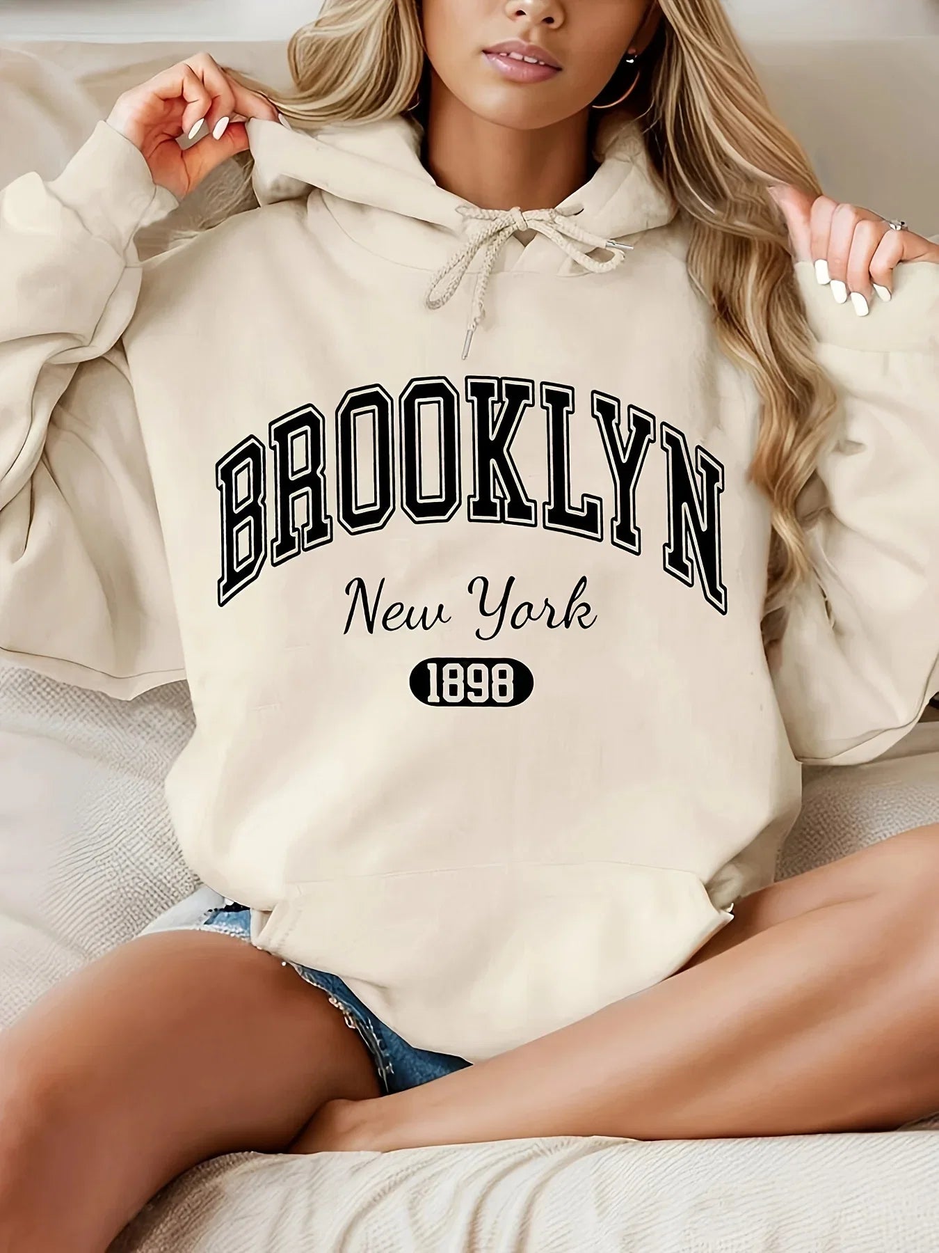 Brooklyn New York 1898 Hoodie Sweatshirt - Casual Polyester Hooded Pullover with Drawstring Alphabet Pattern LadyShow.Store