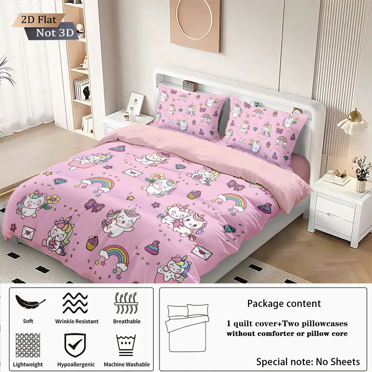 3pcs Cartoon Cute Unicorn Printed Coreless Down Duvet Cover Set, Multi Size Bedroom Bedding Decoration, Machine Washable Pi-Mart