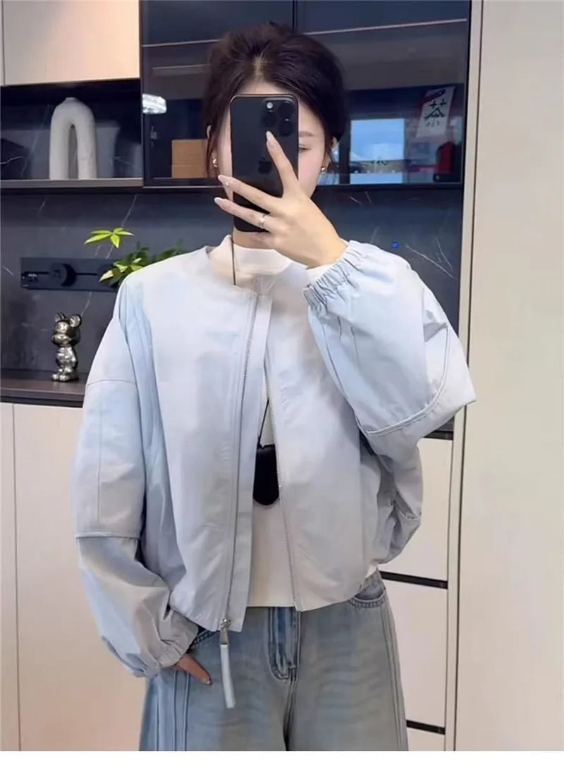 Korean Version Simple Women's Round Neck Solid Color Short Coat 2026 Spring New Female Casual Loose Jacket Joker Little Overwear Pi-Mart