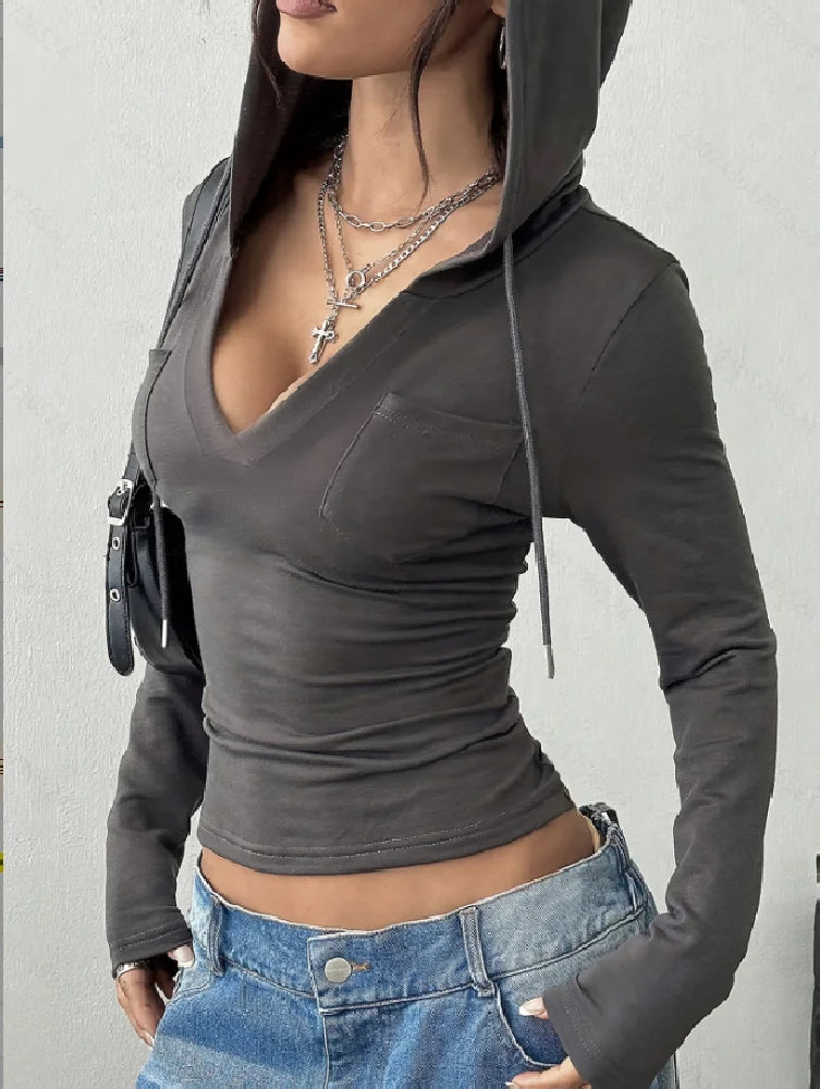 New Elegant Fashionable Pure Color V-Neck Long Sleeve Ladies Hoodie for Commuting LadyShow.Store