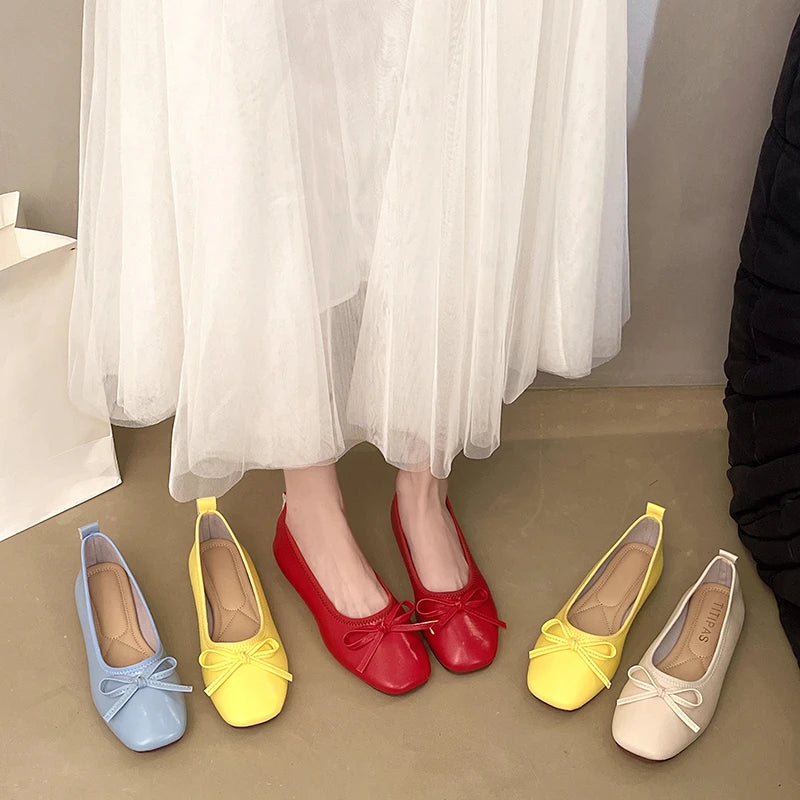 2026 Brand Women Flats Spring New Square Toe Bowknot Ladies Casual Ballet Shoes Big Size Slip on Soft Eelgant Dress Shoes 12457 Pi-Mart
