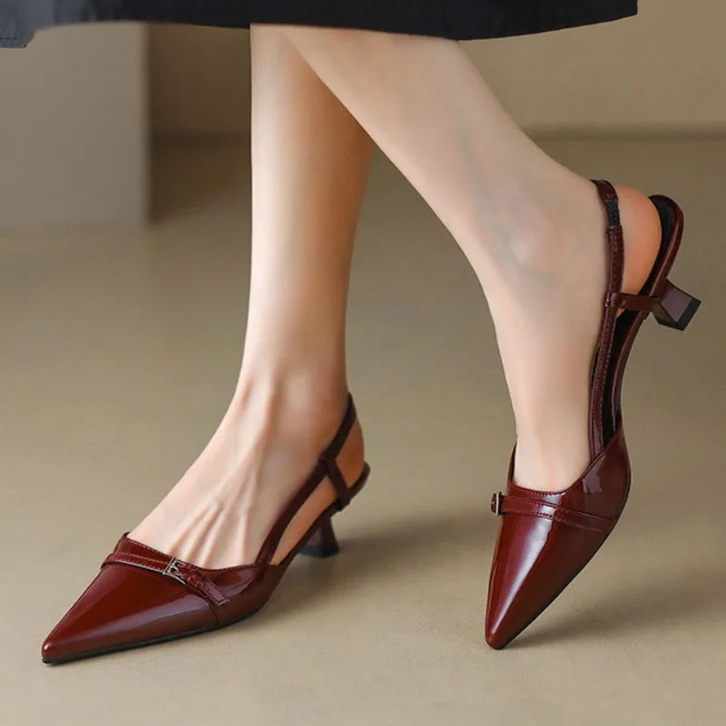 2024 New Summer Women's Dress Shoes Patent Leather Slip on Pointed Toe Sandals Buckle Slingbacks Mid Heels Pumps Sandalias Mujer LadyShow.Store