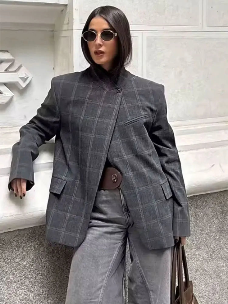 HH Women Fashion Plaid Blazer Coat Stand Collar Long Sleeve Jacket 2026 Spring Trend Casual Office Lady Chic Outerwear LadyShow.Store