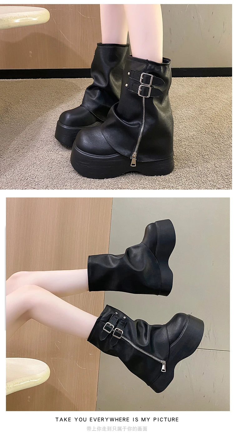 Soft Leather Ankle Mid Calf Boots Winter Autumn High Platform Wedge British Booties Woman New Ladies Chunky Motorcycle Boots 9CM Pi-Mart