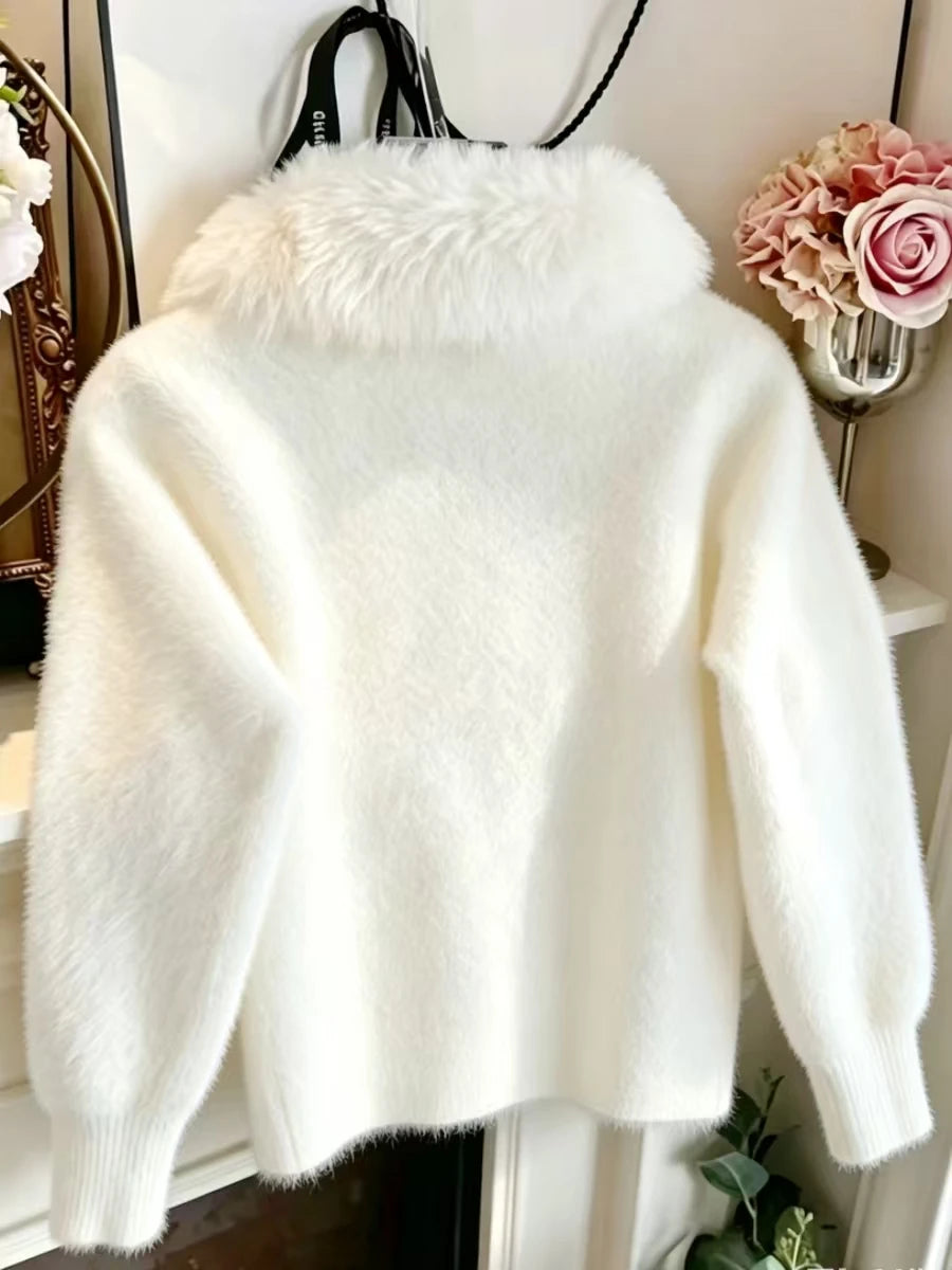 Luxury Diamonds Stitch Thick Winter Sweaters  Knitwear Coat Faux Fur Collar Knitted Cardigan Jacket Coat Women's Trend Sweater Pi-Mart