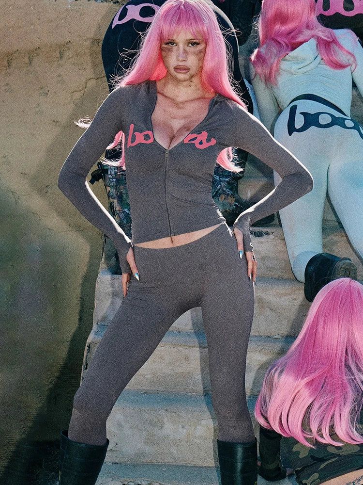 Weird Puss Letter Print Tracksuit 2-Piece Set Women Hooded Jacket+Leggings Matching Stretch Street Casual Sporty Slim Outfits LadyShow.Store