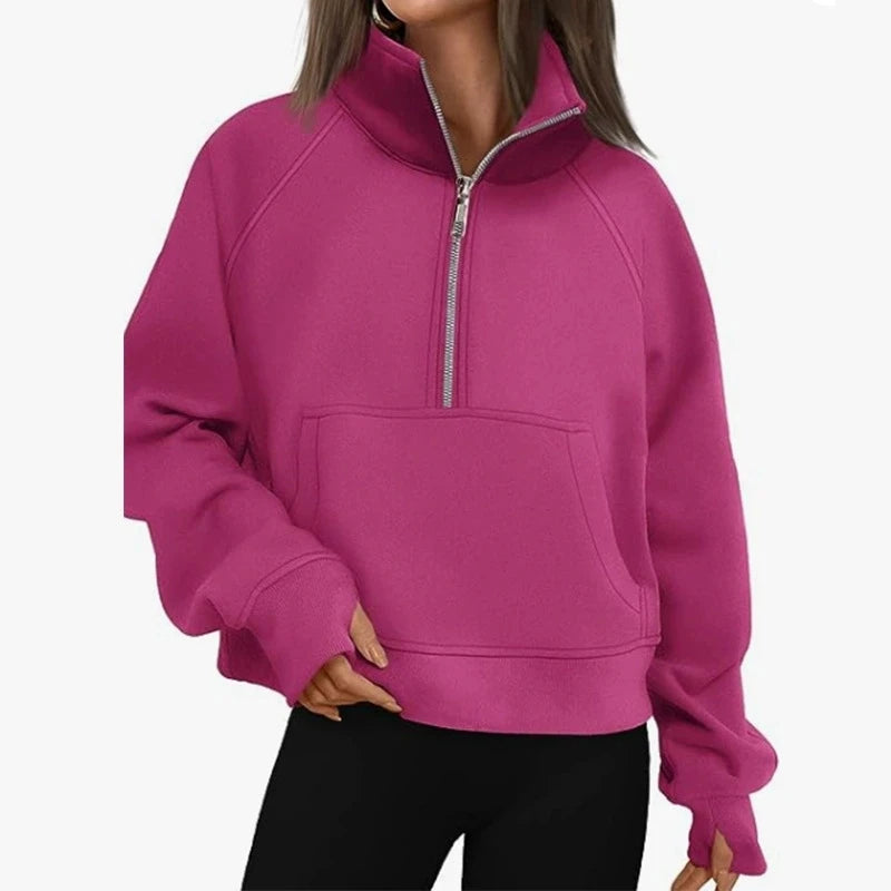 New Women's Spring Autumn Winter Stand Collar Plus Fleece Solid Color Hoodie Long Sleeve Pocket Loose Half Zip Pullover Hoodie Pi-Mart