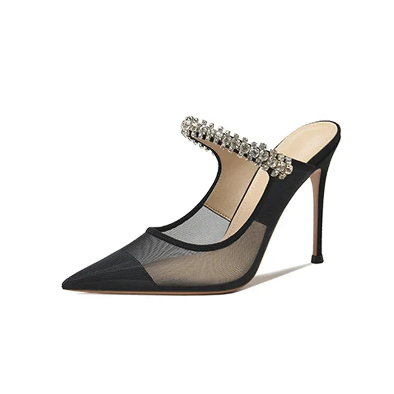 New Fashionable Thin Heel Pointed Water Diamond Mesh Hollow Sandals with Design Sense Half Dragged Muller Shoes ForOuterwear Pi-Mart
