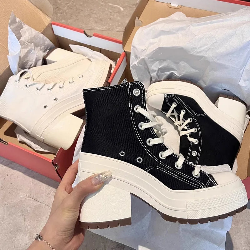 Women Platform Sneakers Canvas Shoes Personalized Luxry Heels Skateboard Lace Up Casual Fashion Outdoor Sneakers Pi-Mart