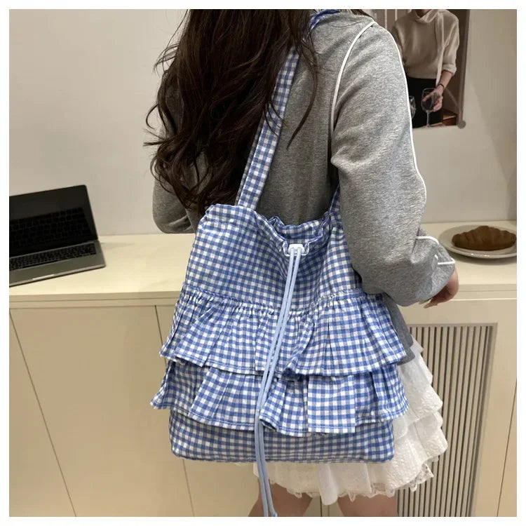 Large Capaci Cute Plaid Cotton Tote Bag  Lace Trim Women's Summer 2025 Simple Lady Handbag Soft Shoulder Bags Bolsa Feminina Pi-Mart