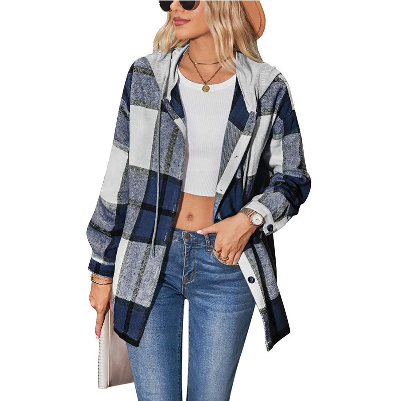 Women Hooded Plaid Wool Coat Blouse Top Spring Summer Fashion Outerwear Pi-Mart
