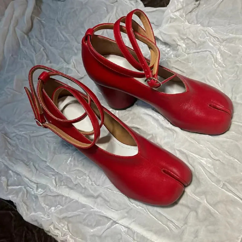 Ins style Vintage Soft Leather Split Toe Tabi Women Pumps Fashion Ankle Strap Thick High heels Spring Autumn Casual Chunky Shoes LadyShow.Store