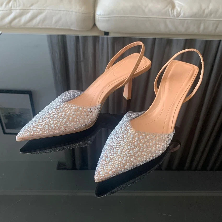 2024 Fashion Summer Women High Heels Pearl Decoration Slingback Woman Pumps Pointed Toe High Heels Sandals Elegant Woman Shoes LadyShow.Store
