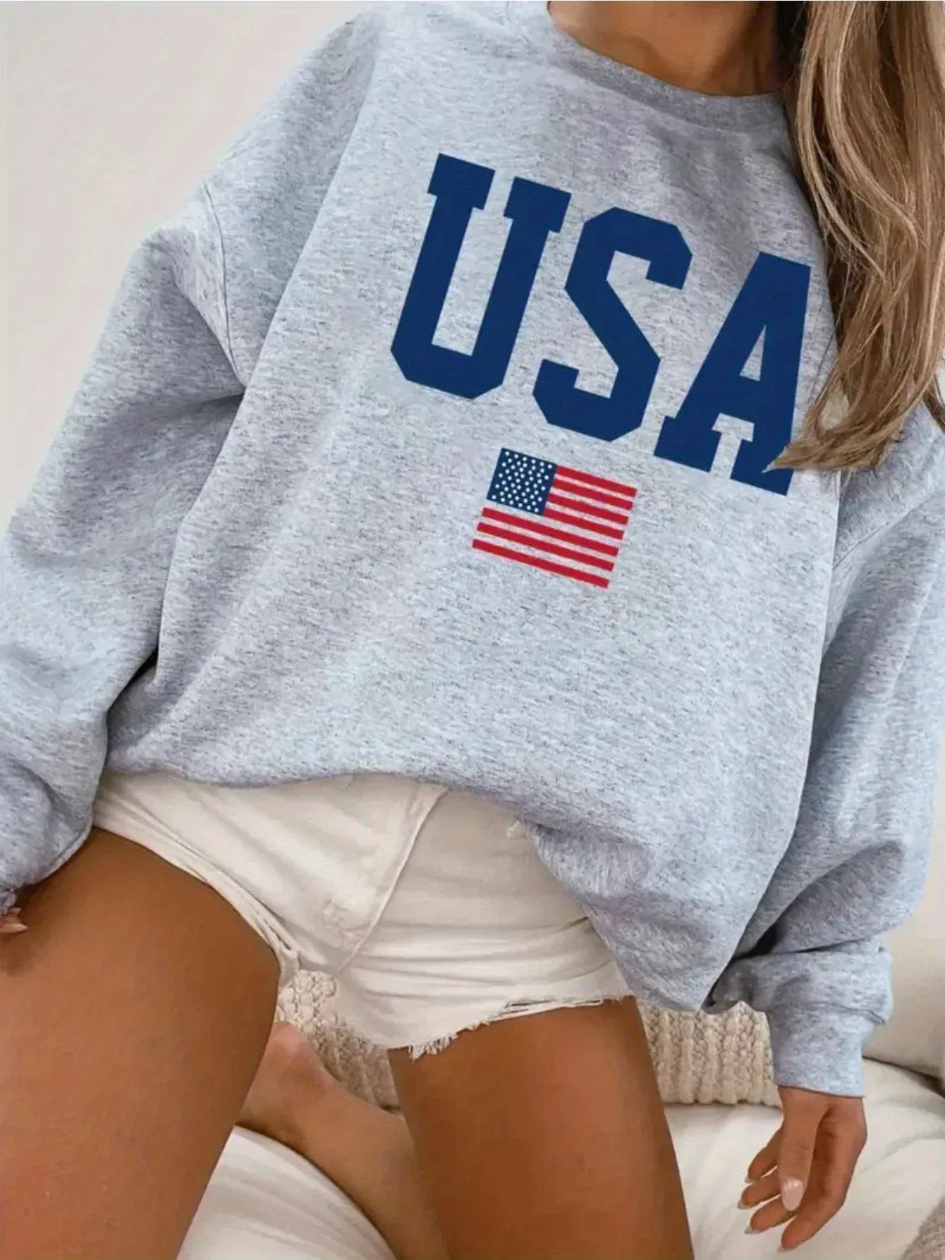 Women's Casual USA Print Pullover Sweatshirt Geometric Design Long Sleeve Round Neck Machine Washable Regular Fit for Autum LadyShow.Store