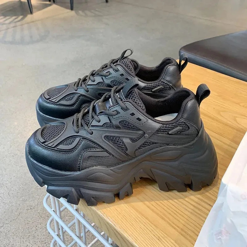 Women New Fashion Platform Sport Shoes Women 2024 New Summer Black Casual Chunky Sneakers Women Mesh Leather Platform Shoes Pi-Mart