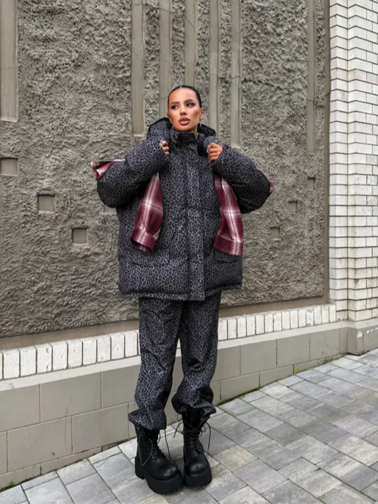 Chic Leopard Hooded Puffer Coat Set Women Quilted Full Sleeve Zip Jacket Wide Leg Pants 2026 New Lady Winter Thicken Warm Outfit Pi-Mart