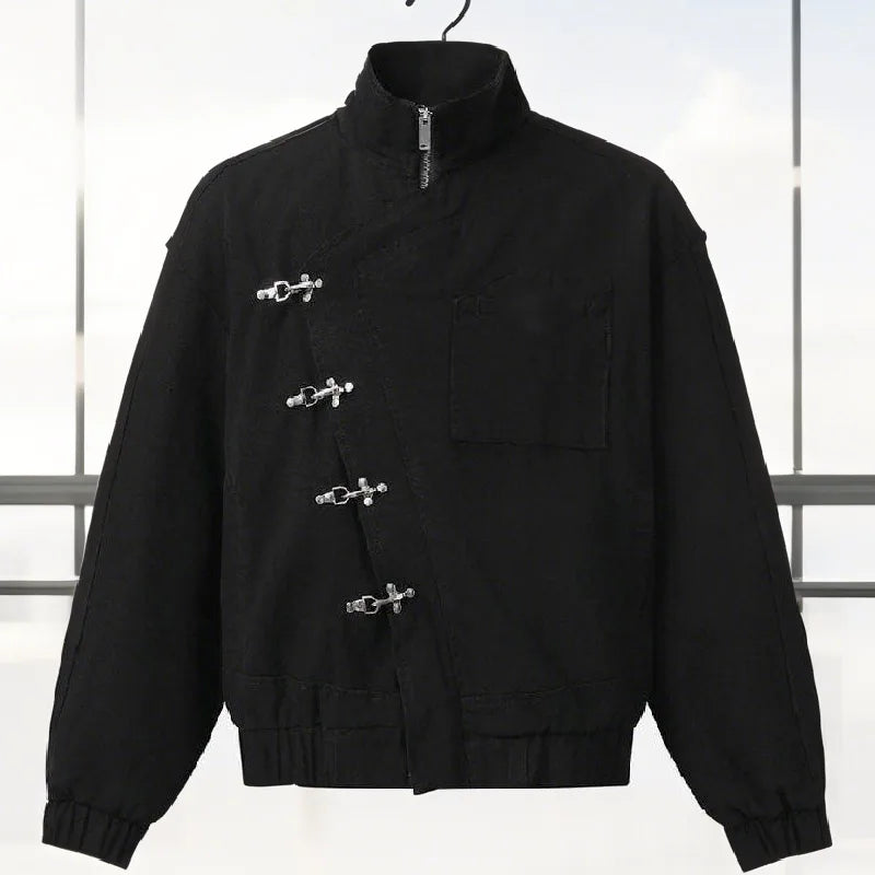 Stylish Girl Stand Collar Street Jacket Personality Button Zipper Solid Jacket Date Commuter Clothing Female New Casual Clothes Pi-Mart