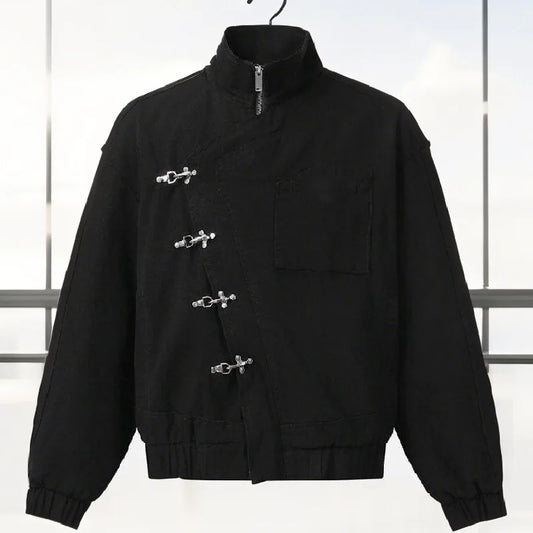 Stylish Girl Stand Collar Street Jacket Personality Button Zipper Solid Jacket Date Commuter Clothing Female New Casual Clothes Pi-Mart