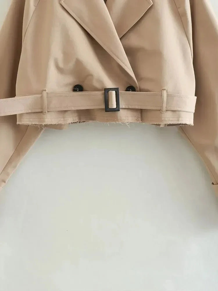 2024 Belt Cropped Trench Spring Jacket Women Vintage Streetwear Double Breasted Long Sleeve Top Female Coat Outfits LadyShow.Store