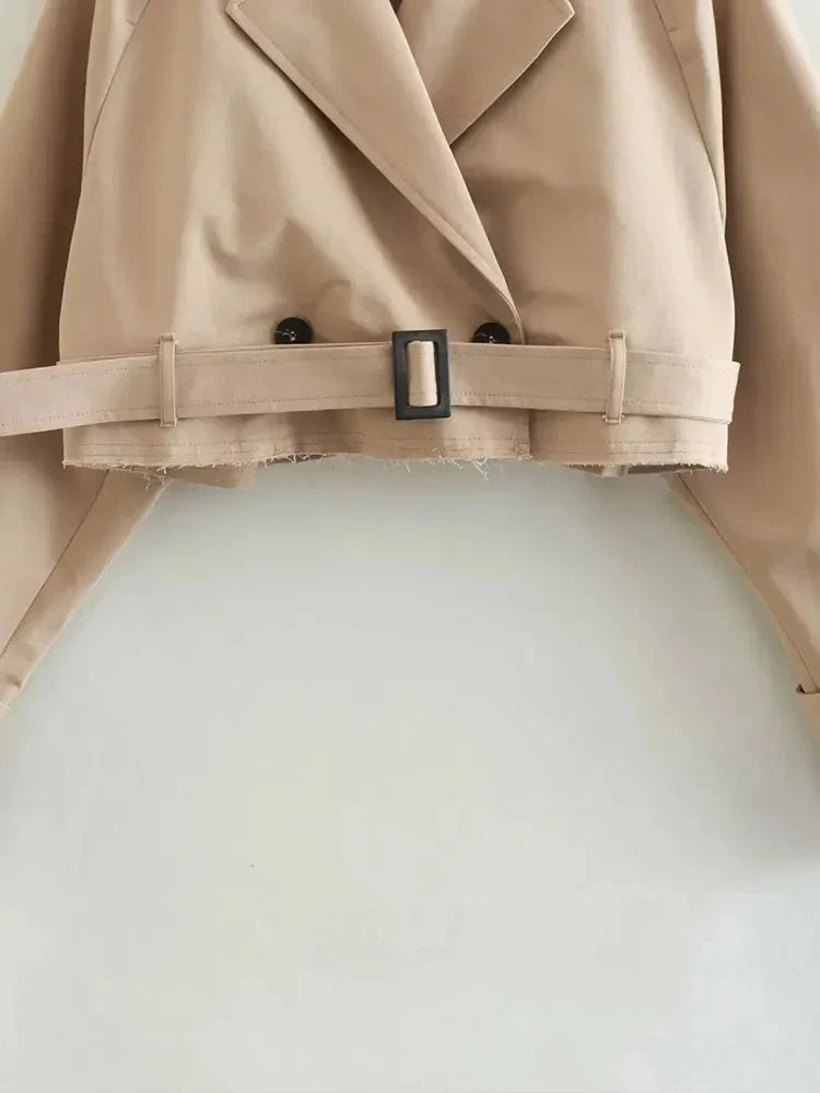 2024 Belt Cropped Trench Spring Jacket Women Vintage Streetwear Double Breasted Long Sleeve Top Female Coat Outfits LadyShow.Store