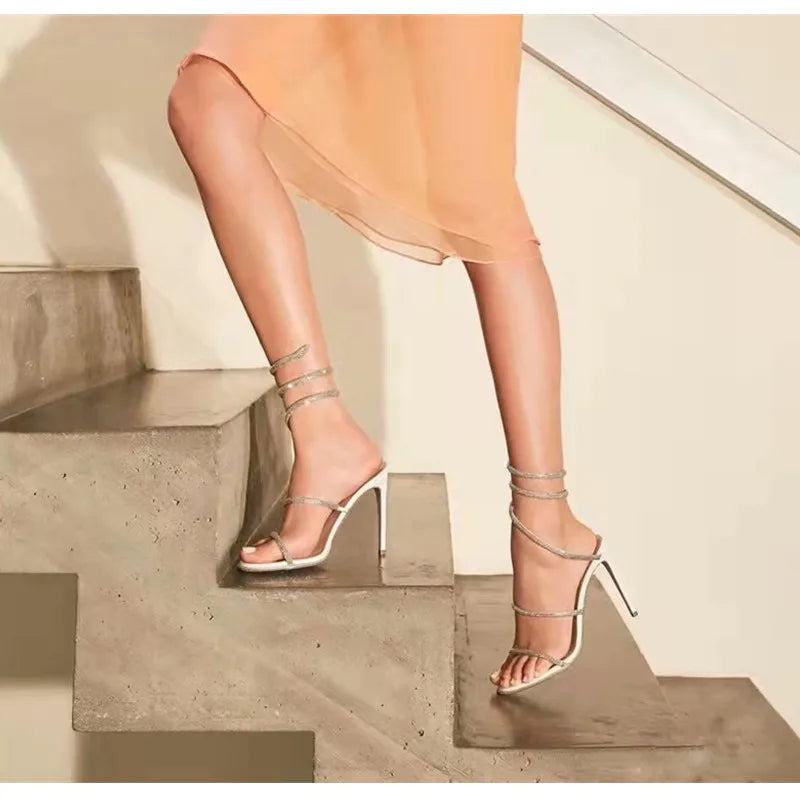 Fashion Summer Snake Twine Around Crystal Women Sandals Luxury Rhinestones Thin High heels Gladiator Sandals  Party Prom Shoes Pi-Mart