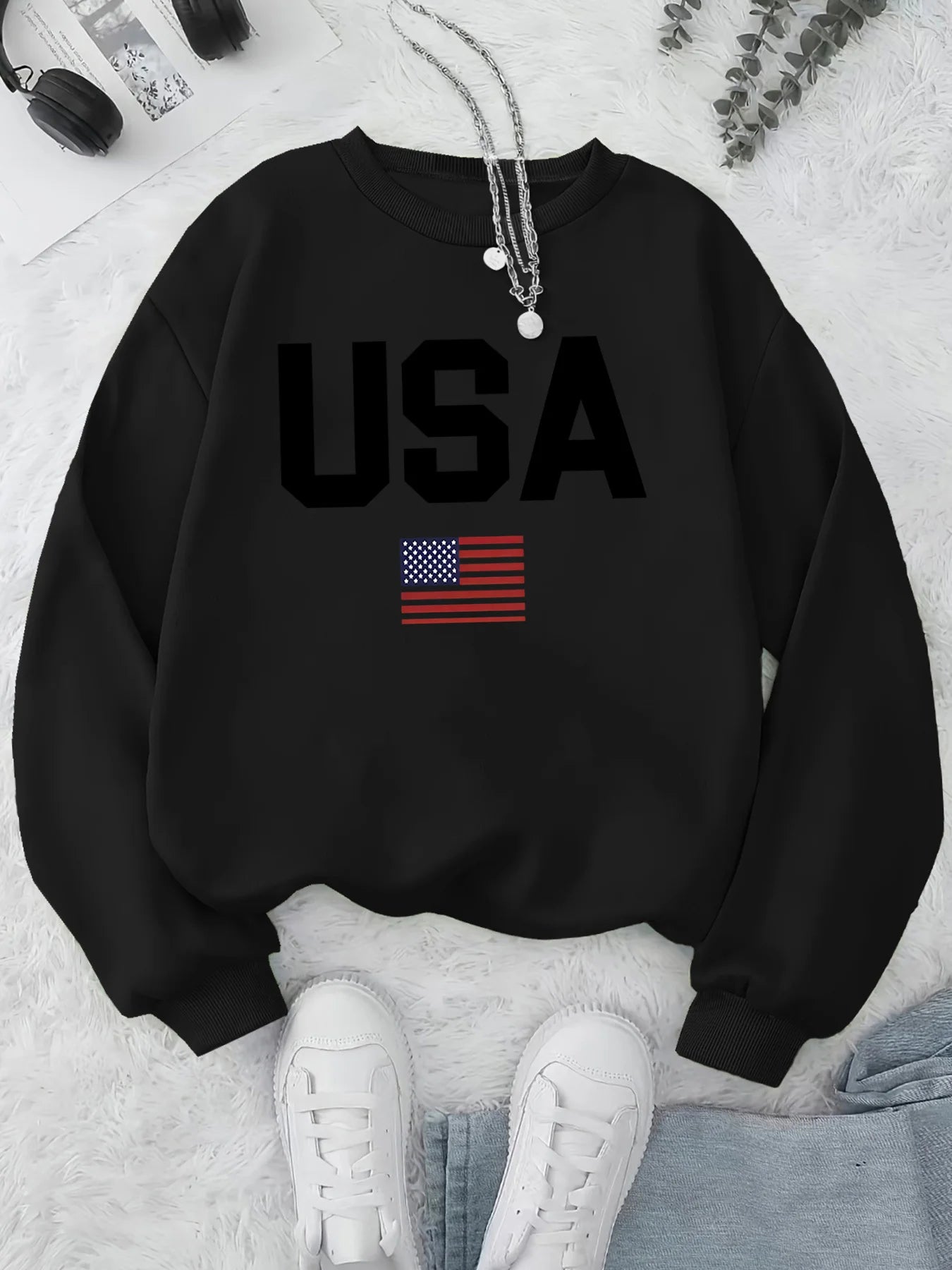 Women's Casual USA Print Pullover Sweatshirt Geometric Design Long Sleeve Round Neck Machine Washable Regular Fit for Autum LadyShow.Store