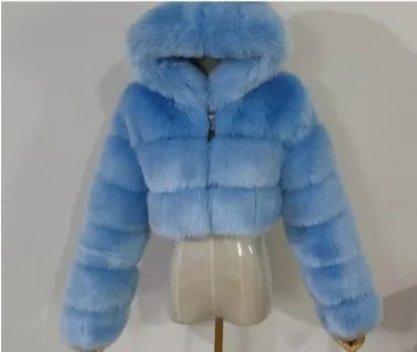 High Quality Furry Cropped Faux Fur Coats Jackets Women Fluffy Top With Hooded Winter Fur Jackets Fourrure Manteau Femme JH137 Pi-Mart