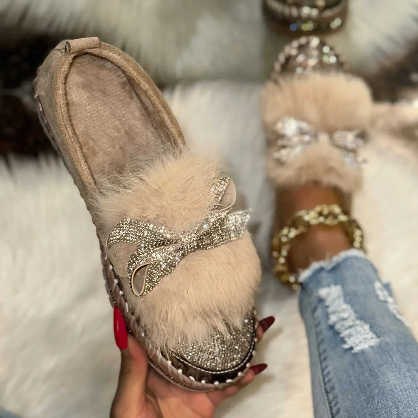 Trend Women Sneakers Furry Crystal Bow  Women Casual Shoes Flat Platform Loafers Short Plush Warm Autumn Winter Sneakers Woman Pi-Mart