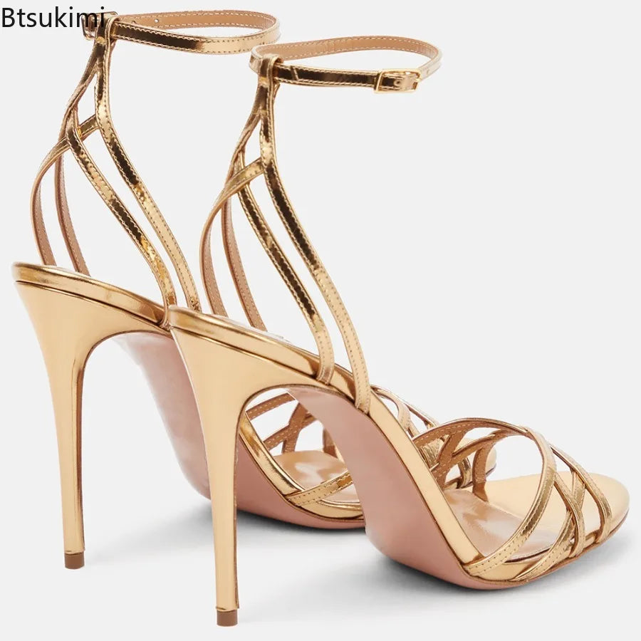 New 2026 Summer Women's Patent Leather Sandals Round Toe Open-toe Stiletto Sexy Ladies Sandals Thin High-heeled Banquet Dress Pi-Mart
