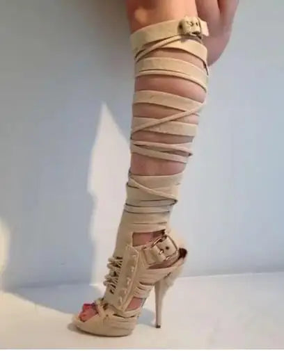 2026 Women Sandals Knee High Boots Cross Strap Hollow Fashion Elegant Sexy Women Shoes Newest Round Toe Thin Heels 4 Pi-Mart