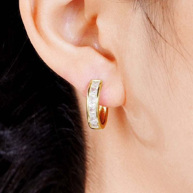Huitan Hoop Earrings with Princess Cubic Zirconia Exquisite Ear Circle Earrings for Women Silver Color Fashion Versatile Jewelry Pi-Mart