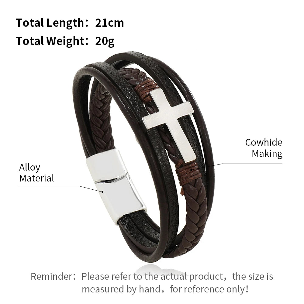Trendy Leather Bracelets For Men Stainless Steel Bracelet 21CM Multilayer Braided Rope Bracelets for Male Jewelry Gifts Pi-Mart