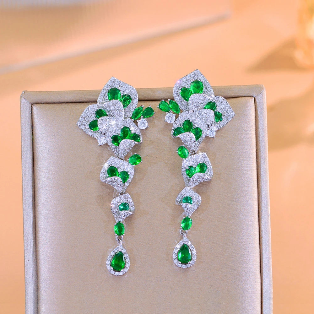 CWWZircons Elegant Green CZ Crystal Flower Water Drop Long Dangle Earrings for Women Beautiful Wedding Party Jewelry Gifts E1159 Pi-Mart