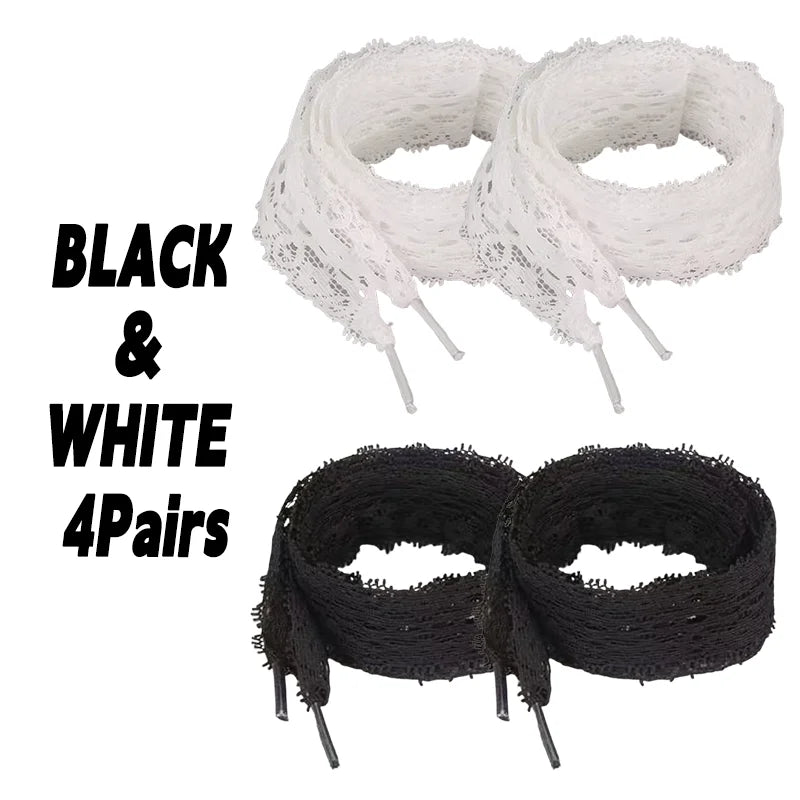 1/4Pairs Fancy Lace 3CM Wide Flat Shoelaces Sneakers Women Casual Shoes Black White Fashion Shoe Strings Replacement Accessories Pi-Mart