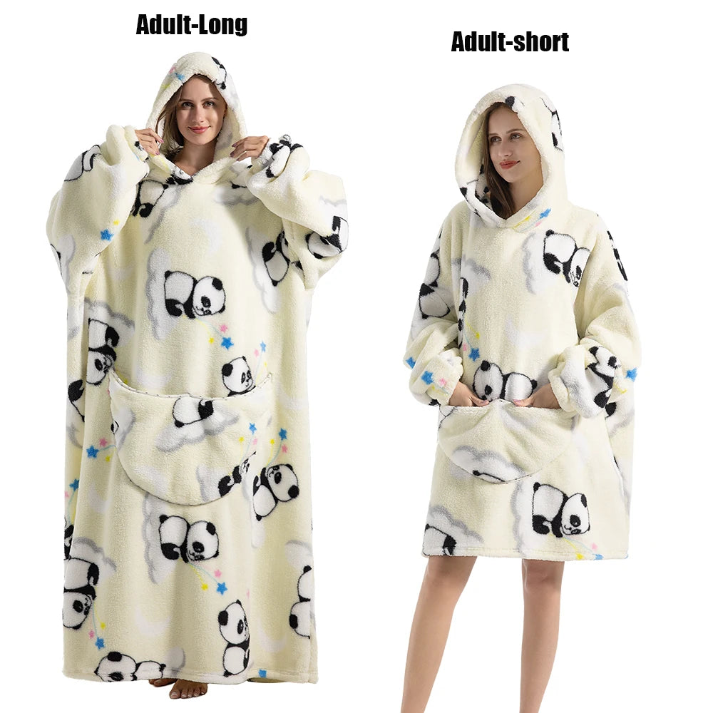 Women Plush Fleece Blanket Men Warm Thick Hoodies Adult Giant TV Blanlets with Sleeves Super Long Cold-proof Homewear Pajamas Pi-Mart