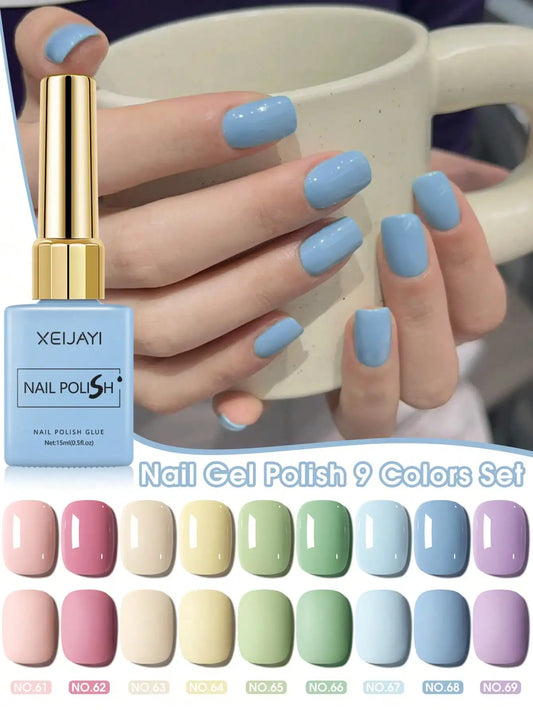 9PCS 15ml Colorful Gel Nail Polish Set, Soak-Off UV LED Nail Gel, Long-Lasting Liquid Manicure Varnish Tri Light Beauty