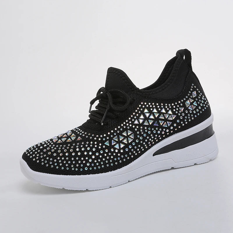 Women's Rhinestone Embellished Knit Mesh Wedge Sneakers, Adjustable Lace-Up Closure, Daily Walking Casual Footwear Pi-Mart