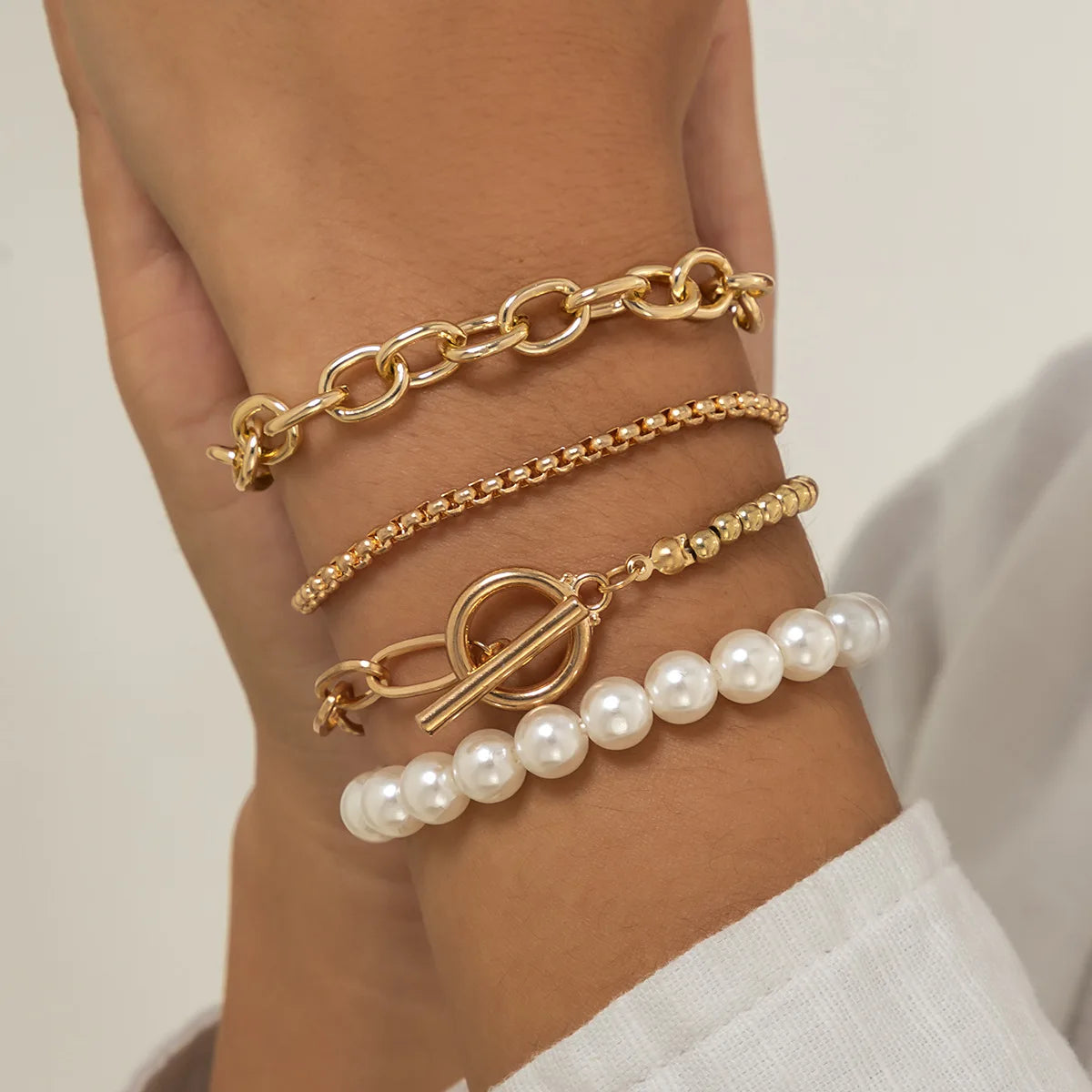 Boho Imitation Pearl Beaded Bracelet Women's Retro Fashion Creative Gold Color Beads O-Chain Bracelets Girls Birthday Jewelry Pi-Mart