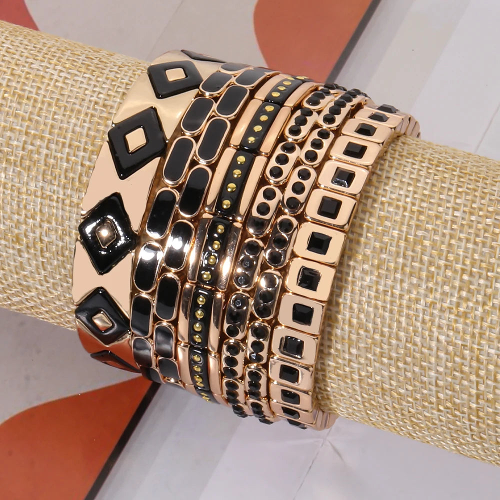 2026 New Black Gold Color Beaded Bangle for Women and Men Handmade Elastic hand Wrist Bracelets Pi-Mart