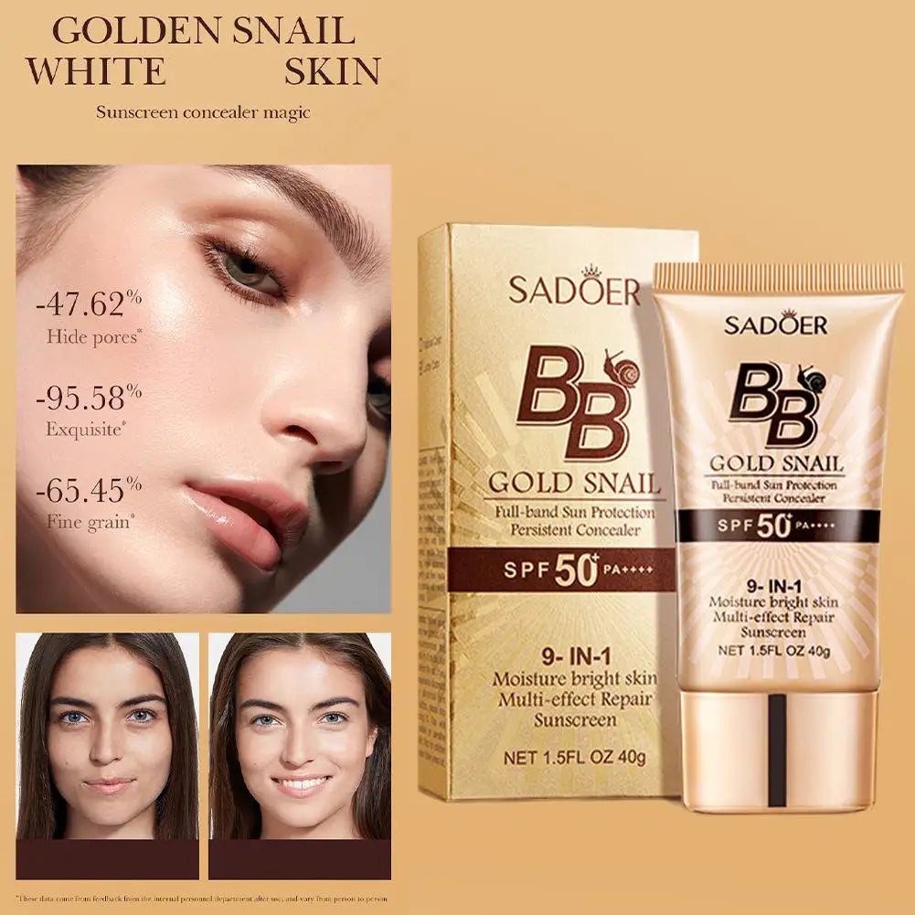 SADOER Gold Snail Sunscreen BB Cream Foundation Concealer Moisturizing Isolation Cream SPF50+PA+++ 40g Facial Moisturizer Tri Light Beauty